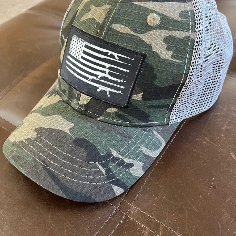 Camouflage Trucker Hat with Flag Gun Patch